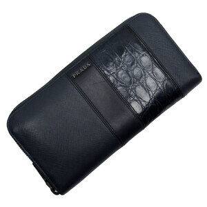 Prada round zipper long wallet Navy Blue leather
